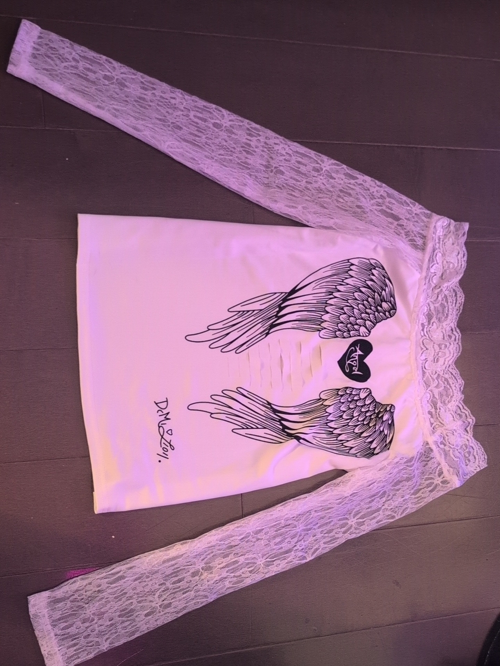 Off-Shoulder Lace Sleeve Top with Angel Wing Print - White
